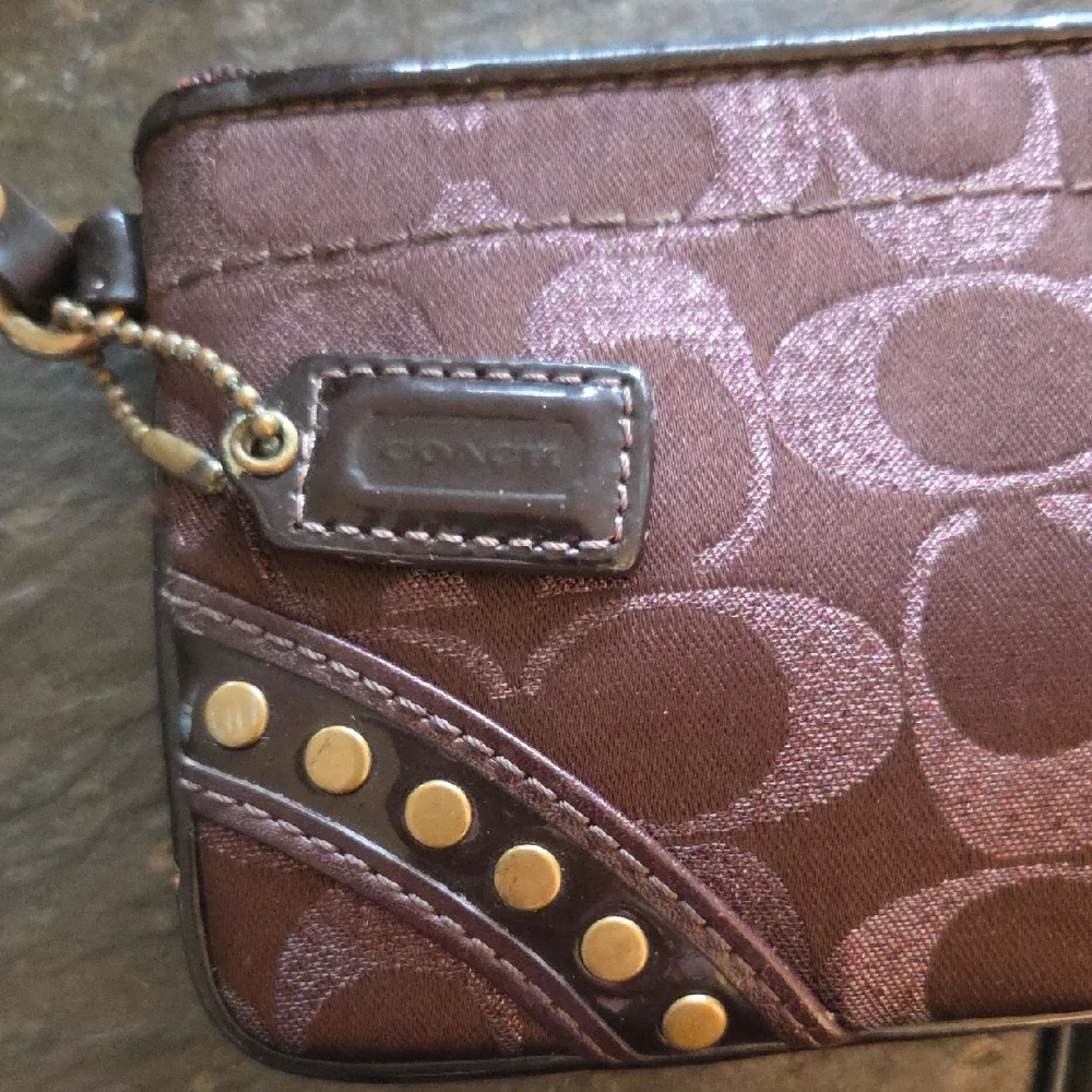 Coach Brown Signature Wristlet with Gold-Tone Studs